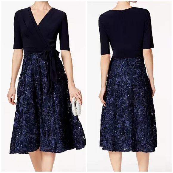 New Alex Evenings Dress Navy Blue Mixed Media Sequin Rosettes Midi Wrap Top 10P - Picture 13 of 15